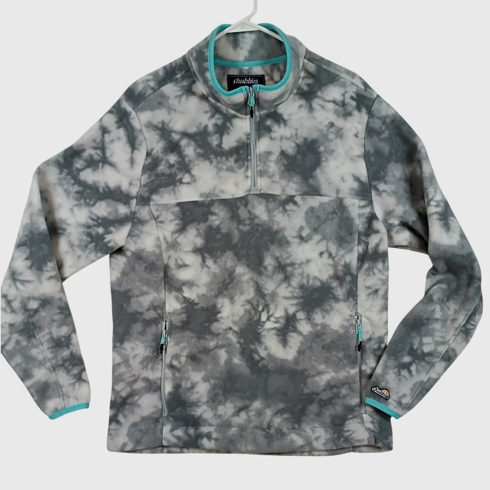 Chubbies Fleece Quarter Zip Mens Large Grey Tie Dye Teal Trim Soft Pullover
